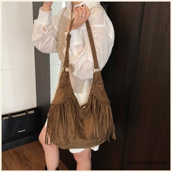 Vintage Suede Fringe Hobo Bag Crossbody Tote Adjustable Strap Large Capacity - Picture 2 of 7
